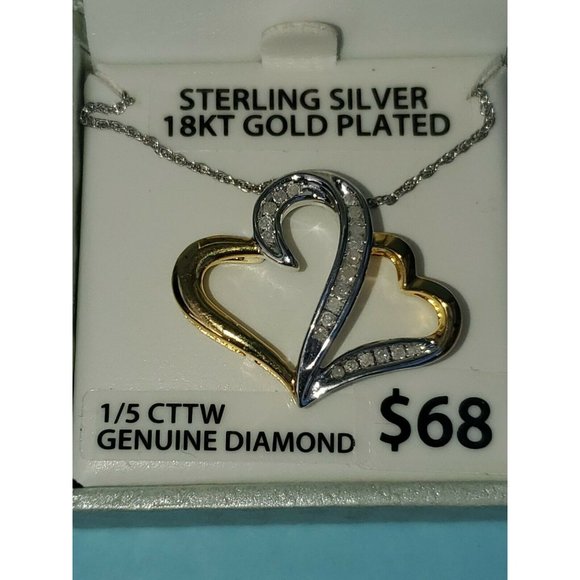 Double Heart Pendant in Sterling Silver and 18k Gold 18" with 1/5 CTTW Diamond - Picture 2 of 4